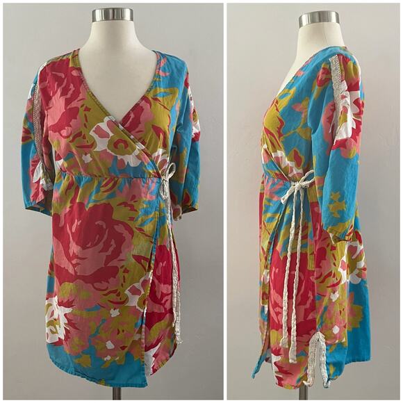 Anthropologie Porridge Floral Wrap Dress Women's M Colorful Tropical Resortwear - Picture 2 of 15